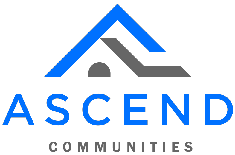 Logo of Ascend Communities featuring a stylized blue and gray roof above the text "ASCEND" in blue and "COMMUNITIES" in gray, emphasizing their commitment to professional plumbing services.