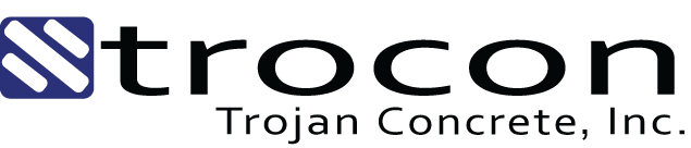 Logo of Trocon (Trojan Concrete, Inc.), featuring a dark blue square with a white diagonal line pattern on the left and the company name in black text to the right, reminiscent of their professional plumbing services in its sleek and precise design.