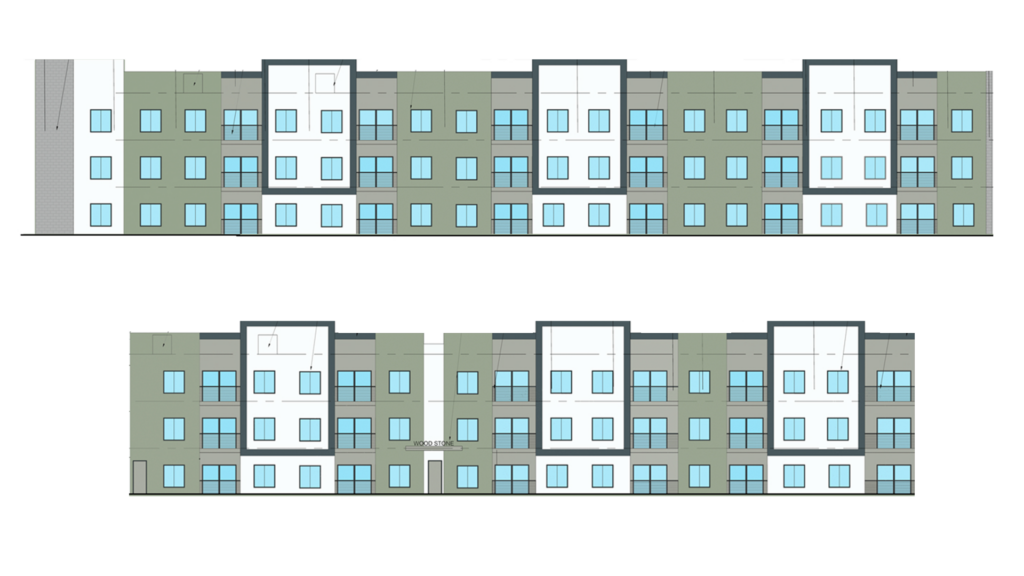 Architectural elevation drawings of Wood Street Apartments, a multi-story building with a repetitive pattern of windows and white sections with flat roofs. The facade includes green and light grey elements.